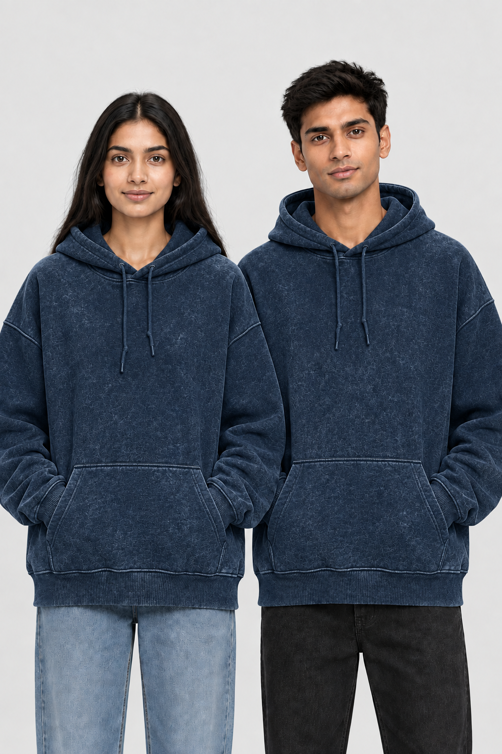 Navy Blue acid-wash hoodie, combined front view