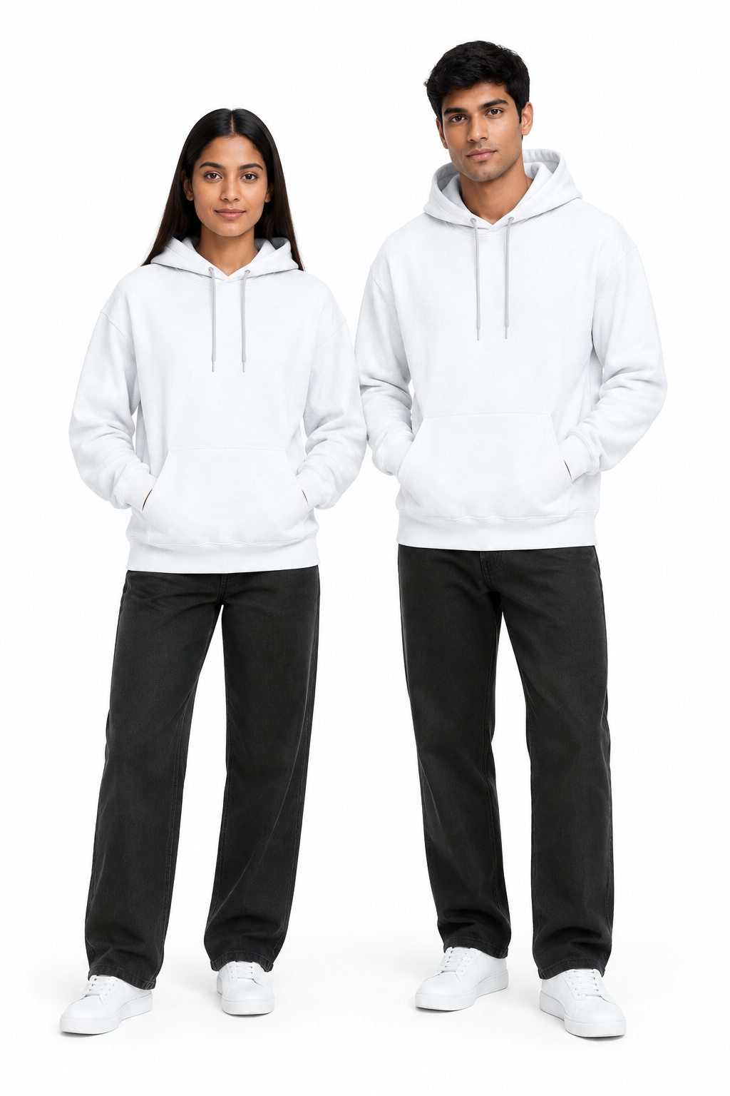 White hoodie hero reference with the consistent model pair