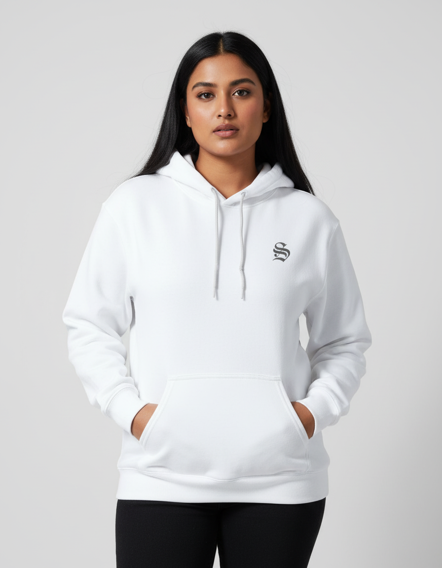 White hoodie with grey S embroidery - Indian woman